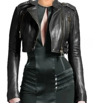 NUEVO Para Mujer NEGRO RECORTADO Cuero Chaqueta Piel de Cordero Motor Motociclista Bolero Foto 1 de 3