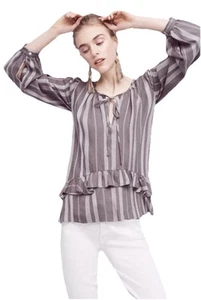Anthropologie Nomad Morgan Carper Womens Size XS Ruffle Blouson Top Gray White - Picture 1 of 6