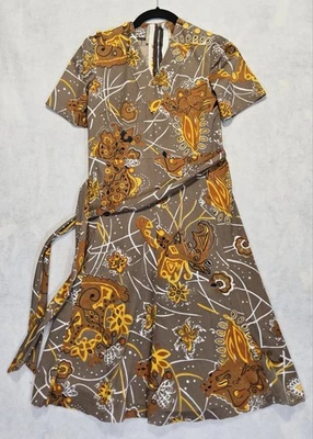 Vtg Dress 70s 2/4 SX Psychedelic Fit & Flare Hippie Floral Retro Brown 60s Knee - Image 1 of 4