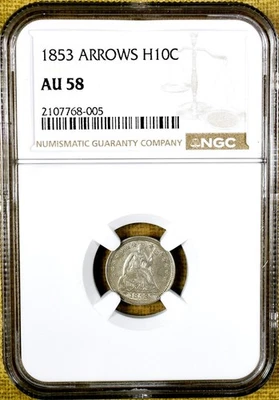 1853 Arrows NGC AU58 Seated Liberty Half Dime - UNDERGRADED !!! Looks MS62 To Me - Image 1 of 2