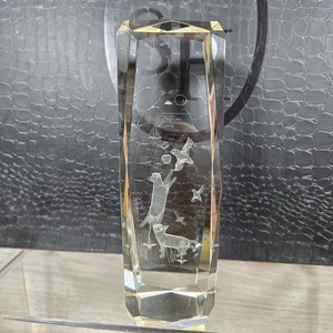 Glass Crystal Cube 3D Laser Etched 6" Tall Paperweight Cats Chasing Bird Rare - Picture 1 of 19