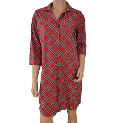 Talbots 女式红色绿色格子纽扣前棉睡衣连衣裙 S 码 — 第 1/4 张图片