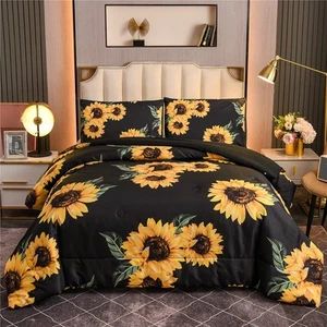 Black Sunflower Comforter Set King Yellow Floral Botanical 3 Pieces Microfibe... - Picture 1 of 8