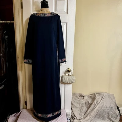 Винтажный 1970-х R & K вязаные WMS темно-синий вышитый мод богемное разрез Khaftan макси платье L - Изображение 1 из 4