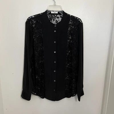 EQUIPMENT FEMME Lace tuxedo blouse-sheer rose lace -Black Size Large Silk - Image 1 of 4