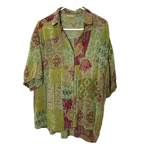 Tianello Greens Patchwork S Top Shirt Women's Small Button-Up Top Rayon Artsy - Picture 1 of 11