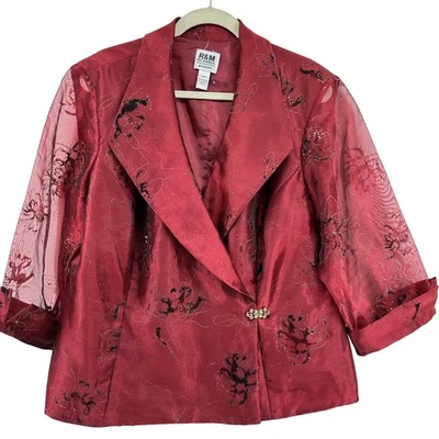 Blazer R&M Richards Rojo Floral Manga Transparente Terciopelo Adornado Año Nuevo 18W Foto 1 de 4