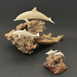 Two Vintage John Perry Dolphins on Burl Wood Base Sculptures 11.5” & 3.5” - Picture 1 of 14