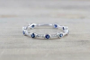 1ct Natural Sapphire & Diamond Wedding Band Thin Minimalist 14k SOLID White Gold - Picture 1 of 15