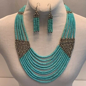 Vtg Boho Multi Strand Turquoise & Silver Tone Beaded Necklace Matchig Earrings - Picture 1 of 12