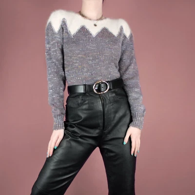 VINTAGE Womens 90s Grunge Knit Lambswool Ivory Grey Angora Jumper S Small 8 10 - Image 1 of 4