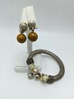 Pierre Cardin Vintage Silver Mesh Green Brown Bead Wrap Bracelet & Earrings Set
