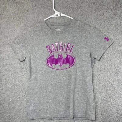 Under Armour Shirt Girls Large Batman Bat Girl Logo Loose Grey Glitter Pink - Image 1 of 4