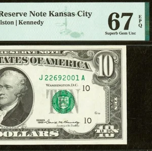 1969 $10 Federal Reserve Note PMG 67EPQ - Superb Gem Kansas City Fr 2018-J - Picture 1 of 3