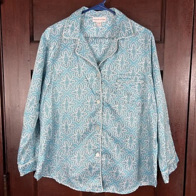 Miss Elaine Women's Medium Aqua Blue Sateen Pajama Set Button Up Top Pants - Image 1 of 4