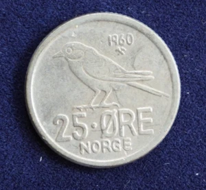 1960 Norway 25 Ore Copper-Nickel Coin KM 407 Olav V - Picture 1 of 4