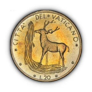 VATICAN CITY. 1974, 20 Lire  - Paul VI, XII, Red Deer, Stag, Baptism 2 - Picture 1 of 4