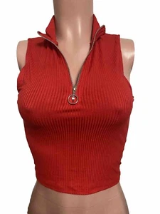 Camiseta sin mangas Y2K roja con cremallera frontal ajustada informal fiesta cami top vintage sin costuras - Imagen 1 de 3