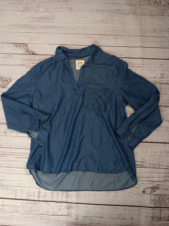 C&C California Chambray Tunic Top Women's Large Blue Cotton Blend Long Sleeve  - Image 1 of 4
