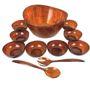 Vintage Tortoise Shell Salad Set Large 8 Bowls Utensils MCM Acrylic Lucite 1950s - Picture 1 of 11