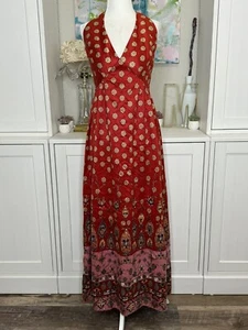 1960s Red Pink Summer Dress Halter A-line I.Magnin Small Velvety Hippy Sundress - Picture 1 of 11