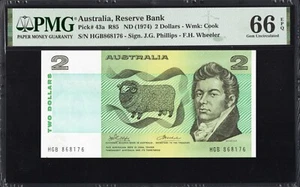 Australia 2 Dollars P43a R85 1974 Phillips Wheeler PMG66 Gem UNC EPQ SECOND BEST - Picture 1 of 3