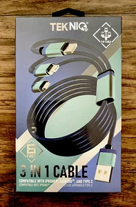 🔌USB 6ft Braided 3-in-1 Cable For iPhone Android & Type C By Tekniq A4 - Picture 1 of 8