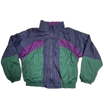 Vintage Athletic Works Jacket Mens Large Purple Green Nylon Windbreaker 90s - Image 1 of 4