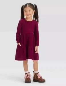 Cat And Jack Girls Dress K (10/12) Burgundy Long Sleeve Waffle Knit Crewneck - Picture 1 of 5