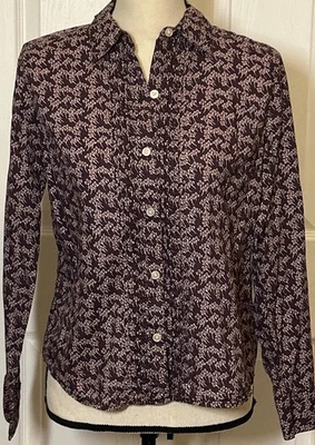 Izod Womens Wine&Pink  Floral Collared Roll Sleeve Blouse PM Light&Soft Vtg Feel - Image 1 of 4