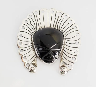 Grande Vintage Argento Sterling Onice Warrior Maschera Viso Pin Mexico - Immagine 1 di 3