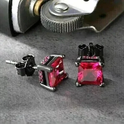 4Ct Princess Cut Lab Created Red Ruby Diamond Stud Earring 14K Black Gold Plated - Image 1 of 4