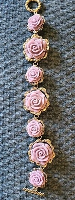 Pulsera Dijes Rosa Lavanda 8" pulgadas Flor Rosa Tono Oro Gancho, Espalda Foto 1 de 3