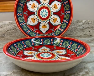 Large Pasta Bowls Krahn By Certified International Red Blue Medallion Set 2 New - Picture 1 of 12