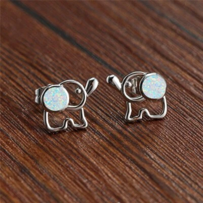 Cute New Silver Fashion Jewelry White Resin Fire Opal Elephant Stud Earrings - Image 1 of 4