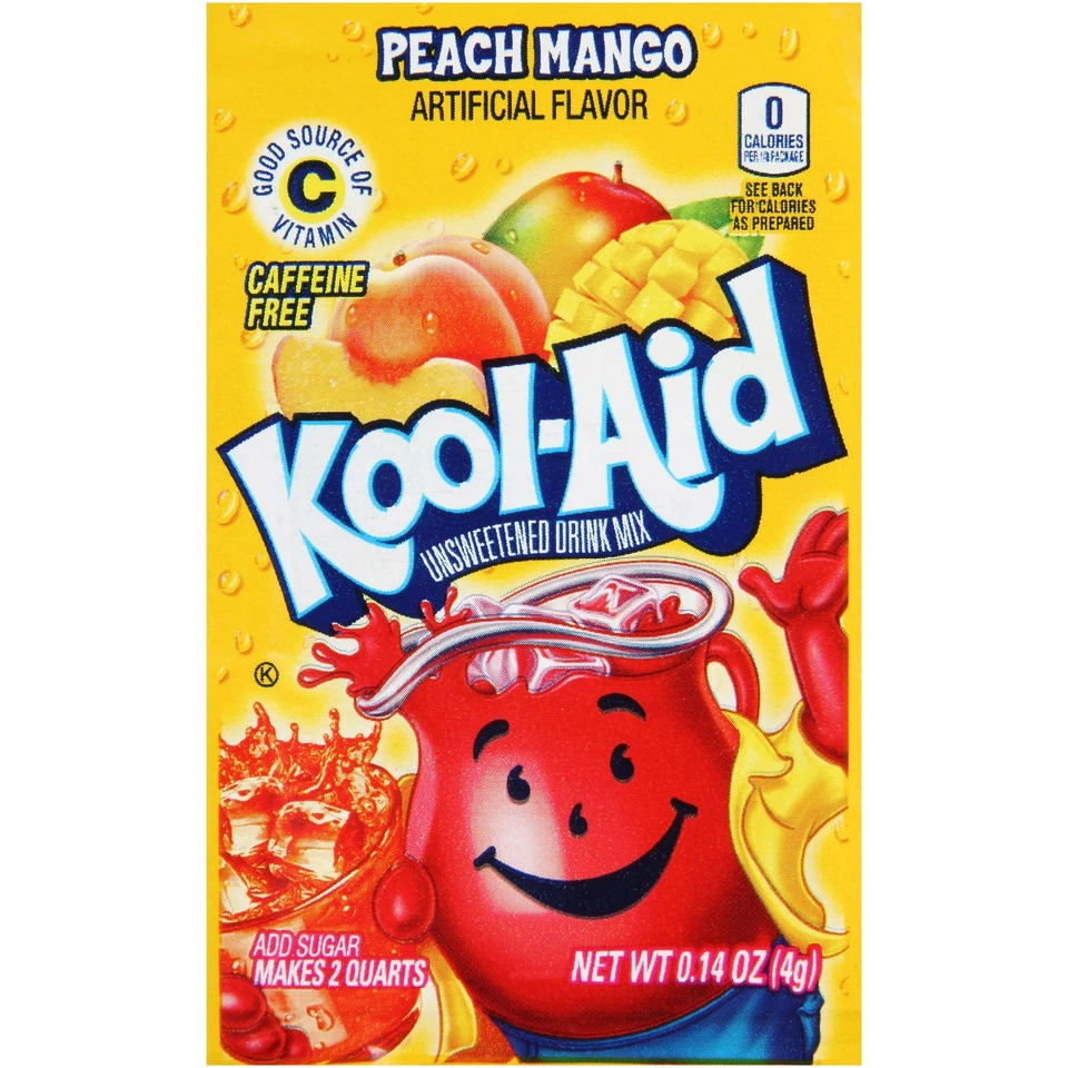 48 paquetes Kool Aid de mango melocotón hace 96 cuartos de galón solo agrega azúcar Foto 1 de 1