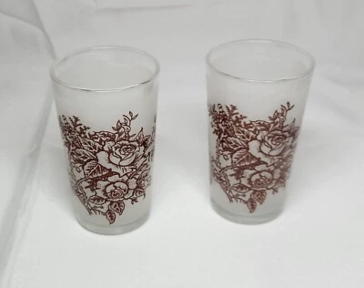 Juego (2) de vasos MCM vintage - esmerilado con granate/marrón rosa floral - 10 oz Foto 1 de 4