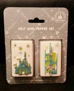 DISNEY PARKS CLASSIC PRINT CASTLE & ROCKET SHIP SALT N PEPPER SHAKER SET~NEW~HTF - Picture 1 of 5