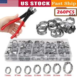 260/100 PIEZAS Abrazadera de manguera de oreja única Crimpado Stepless Anillos de cincha Kit de surtido de crimpado - Imagen 1 de 32