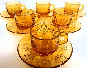 Set 6 Tazzine Vereco France Daisy Vetro Ambrato Retrò Vintage Anni 70 Caffè - Foto 1 di 10
