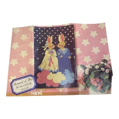Vintage Phildar Armand et Rose Bunny Wedding Handpainted Needlepoint Canvas Kit - Image 1 of 2