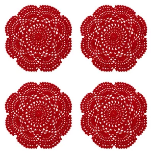 8 Inch Doilies Crochet Round Lace Red Handmade Cotton Coasters, Pack Of 4 - Picture 1 of 6
