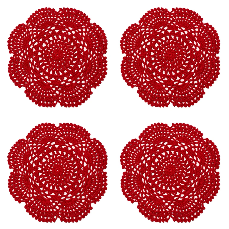 8 Inch Doilies Crochet Round Lace Red Handmade Cotton Coasters, Pack Of 4 - Image 1 of 4