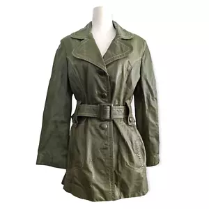 Vintage 1970s Belted Avocado Leather Jacket ~ Montgomery Ward 9/10 Medium - Picture 1 of 11