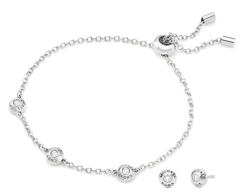 MICHAEL KORS SET regalo argento cursore bracciale e orecchini cristalli MKJ7931040 + SCATOLA