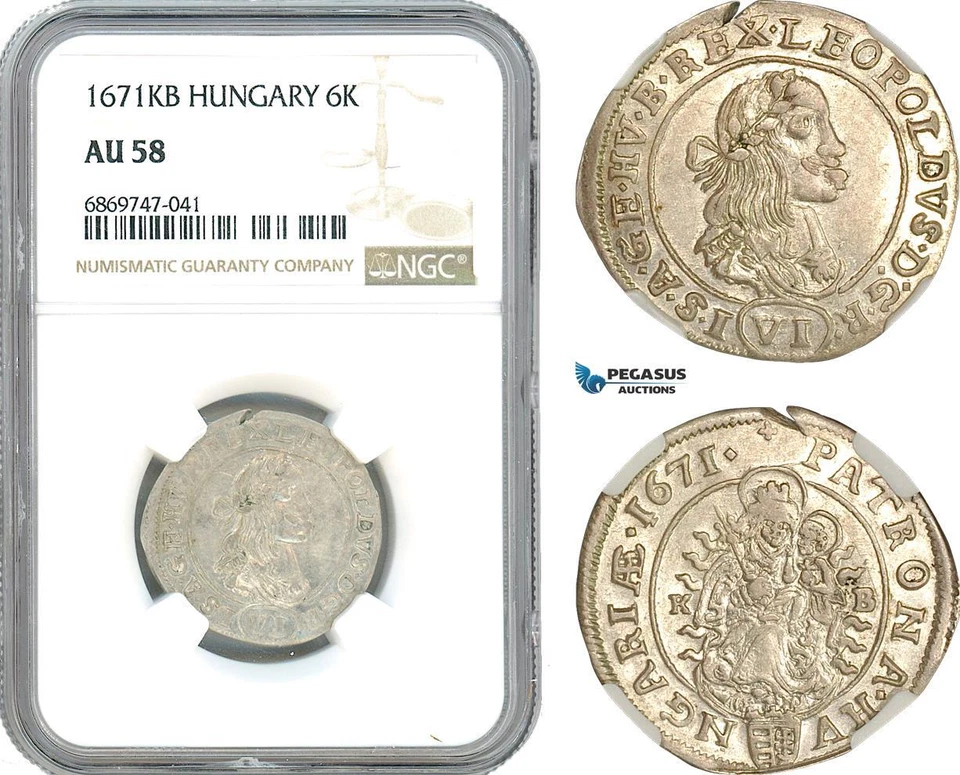 AJ114, Hungary, Leopold I, 6 Krajczar 1671 KB, Kremnitz Mint, Silver, NGC AU58 - Image 1 of 1
