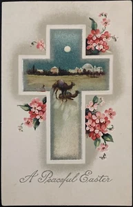 OSTERPOSTKARTE UM 1910 (A23) ~ GEPRÄGT "EIN FRIEDLICHES OSTERN" KREUZ UND BLUMEN - Bild 1 von 2