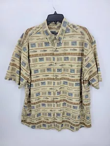 Woolrich Shirt Mens XL Tan Gray Allover Fish Print Short Sleeve Button Up Camp - Picture 1 of 8