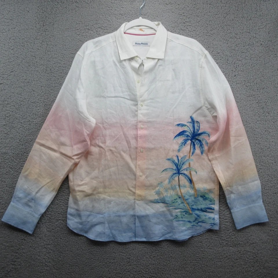 Tommy Bahama Linen Vista Beach Palms Long Sleeve Shirt Men M Island Sun Tropical - Image 1 of 4