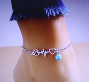 Hollow Paw ECG Heart Turquoise Drop Stone Silvertone Anklet Ankle Bracelet NIP - Picture 1 of 5